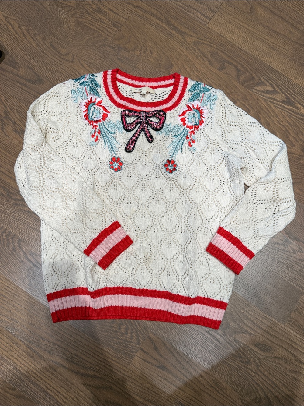 Maje Cream Eyelet Knit Sweater with Red Trim and Floral Embroidery